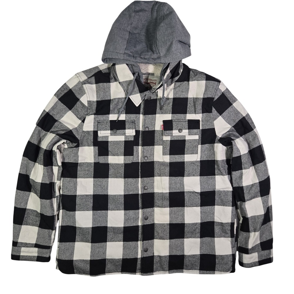 Levis Mens XL Buffalo Plaid Sherpa Lined Hooded Flannel Shirt Jacket Black White